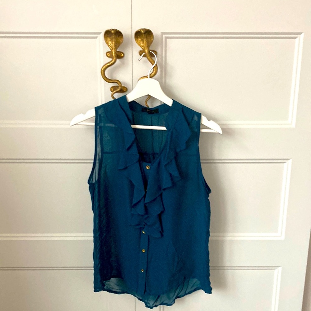 Sheer (mine brand) ruffled jeweled tone aqua blouse with gold buttons.